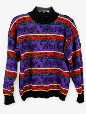 DEMETRE Vintage Wool long sleeved multi-colored Floral Ladies Sweater size L